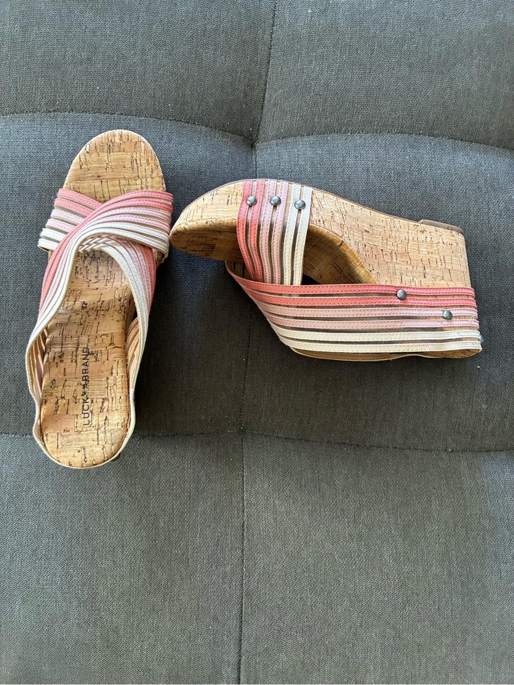 Lucky Brand Coral and Cream Striped Cork Wedge Slides